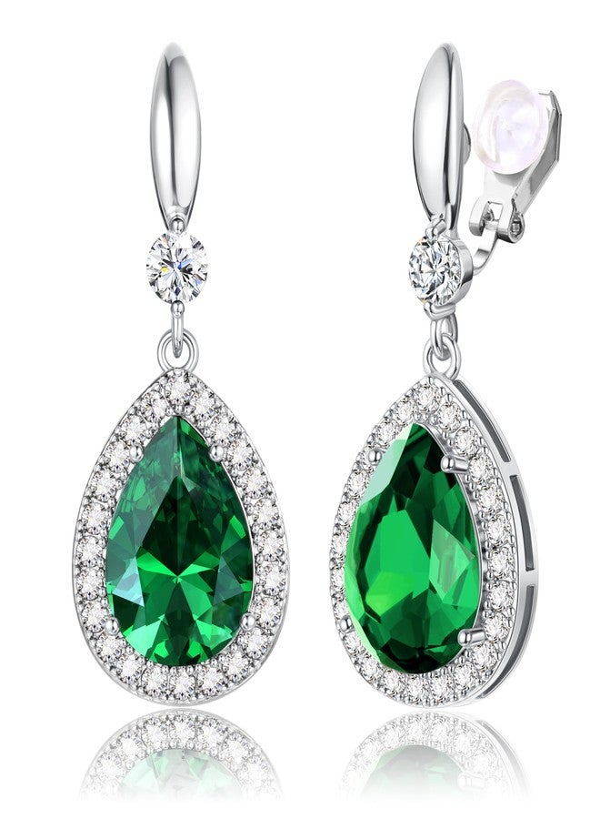 THUNARAZ Elegant Clip on Earrings for Women Sparkling Teardrop Dangle Clip Earrings Non-Pierced Green Rhinestone Cubic Zirconia Wedding Prom Jewelry Silver Tone - Image 1